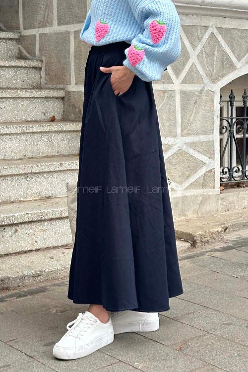 Lamelif Cep Detaylı Kloş Keten Etek Lacivert