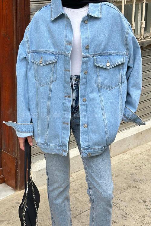 Lamelif Çift Cepli Oversize Ceket Buz Mavi