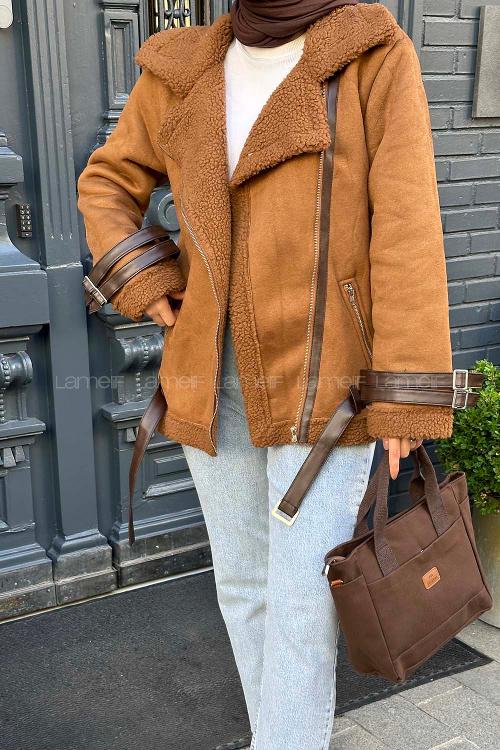 Lamelif İçi Kürklü Biker Süet Mont Taba