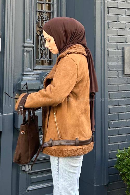 Lamelif İçi Kürklü Biker Süet Mont Taba