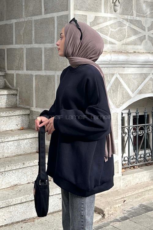 Lamelif Jasmin Bisiklet Yaka Oversize Sweat Koyu Lacivert