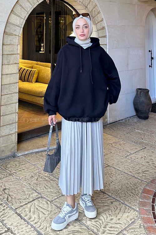 Lamelif Kapşonlu Oversize Yan Cepli Sweat Lacivert