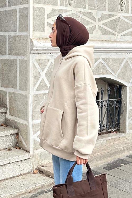 Lamelif Ön Fermuarlı Düz Sweatshirt Bej
