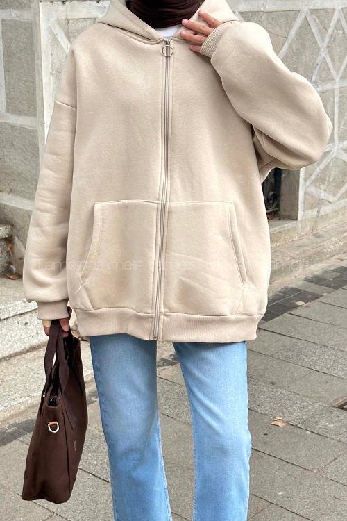 Lamelif Ön Fermuarlı Düz Sweatshirt Bej