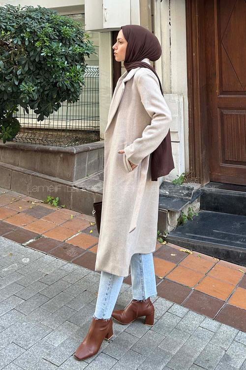 Modalamelif Kuşak Bağlama Detaylı Kaşe Kaban Bej