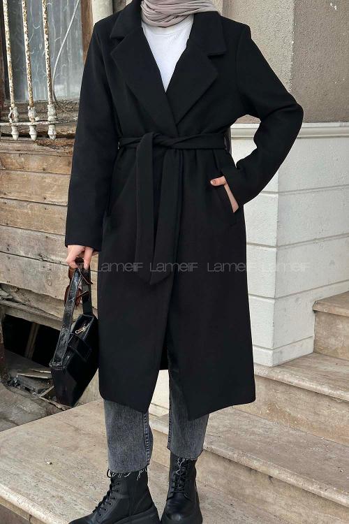 Modalamelif Kuşak Bağlama Detaylı Kaşe Kaban Siyah