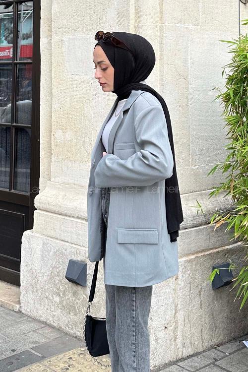Lamelif Kapak Cep Blazer Ceket Gri