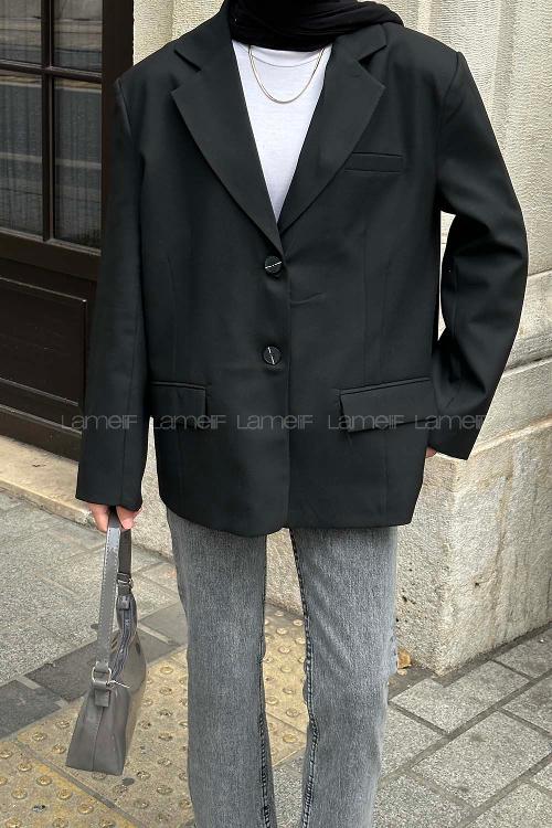 Lamelif Kapak Cep Blazer Ceket Siyah