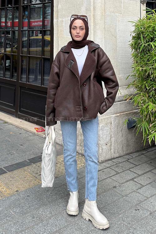 Lamelif Süet Düğmeli Mont Acı Kahve