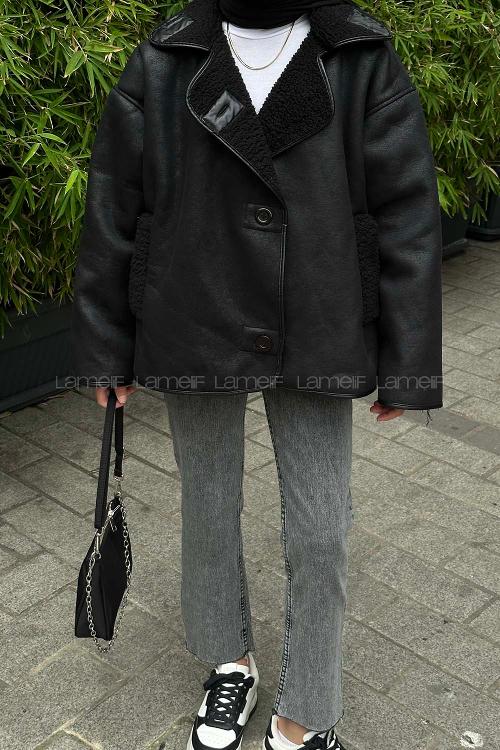 Lamelif Süet Düğmeli Mont Siyah