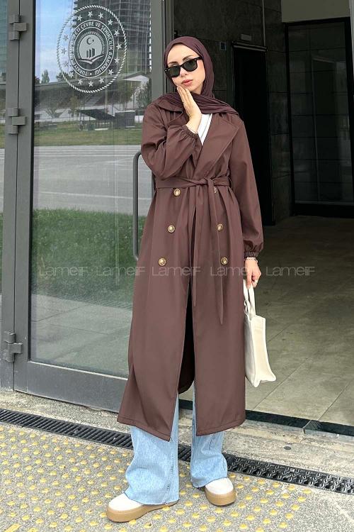 Bitter Brown Long Arm Belted Poplin Fabric Trench Coat