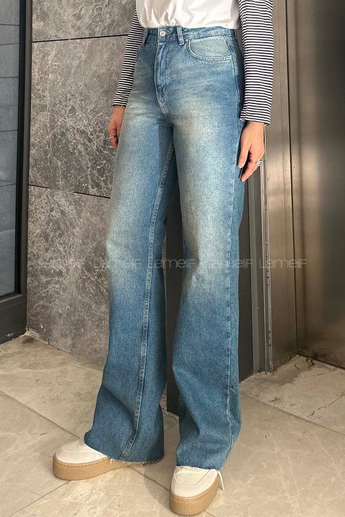 Lamelif Kesik Paça Renkli Dikiş Pantolon Vintage Mavi