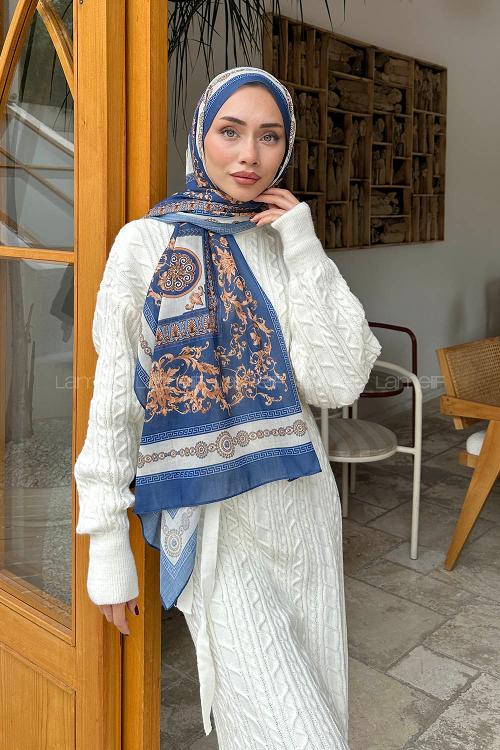 Lamelif Versa Desen Pamuk Şal Gece Mavisi İndigo