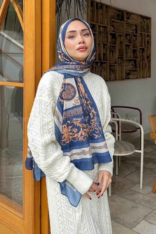 Lamelif Versa Desen Pamuk Şal Gece Mavisi İndigo