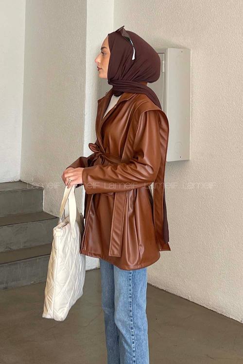 Lamelif Kruvaze Yaka Kuşaklı Deri Ceket Kahverengi