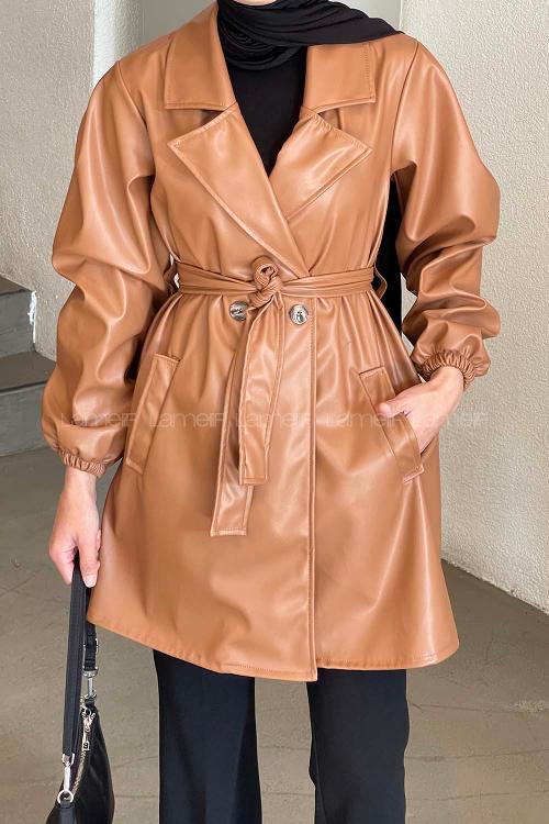 Brown Long Arm Belted Buttoned Skin Trench Coat