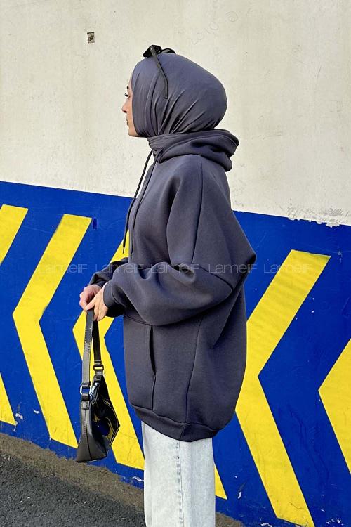 Lamelif Üç İplik Kanguru Cep Sweatshirt Antrasit