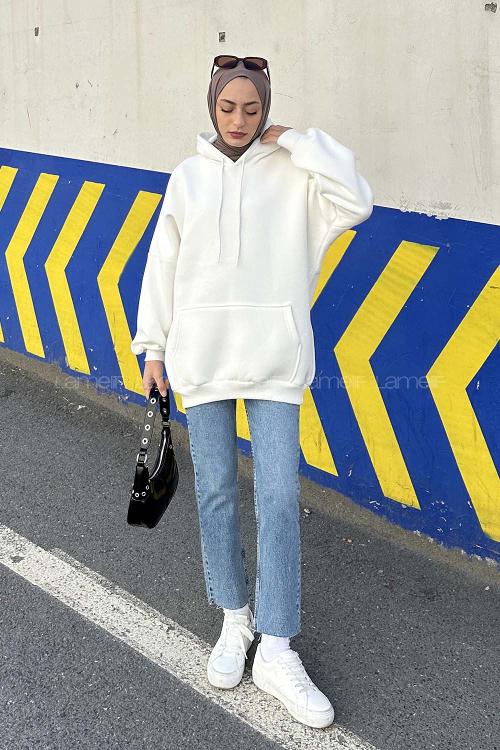 Lamelif Üç İplik Kanguru Cep Sweatshirt Beyaz