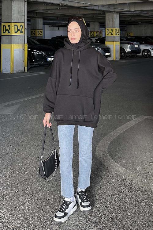 Lamelif Üç İplik Kanguru Cep Sweatshirt Siyah