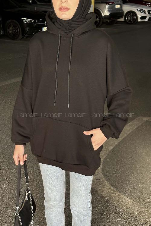 Lamelif Üç İplik Kanguru Cep Sweatshirt Siyah