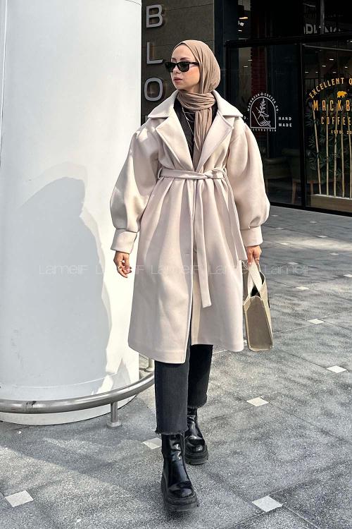 Lamelif Balon Kol Örme Kaşe Kaban Bej