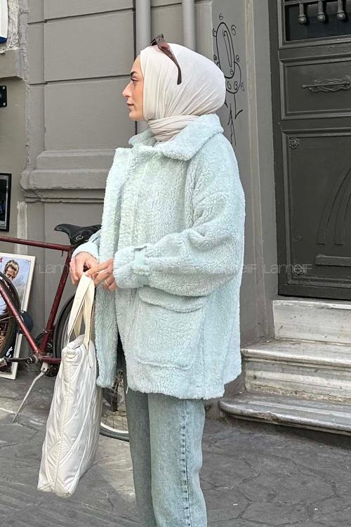 Lamelif Kol Detaylı Fermuarlı Teddy Mont Mint