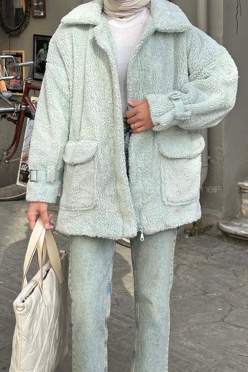 Lamelif Kol Detaylı Fermuarlı Teddy Mont Mint