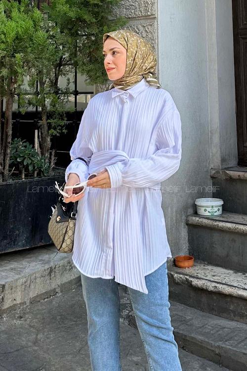 Lamelif Belden Bağlamalı Tunik Gömlek Beyaz