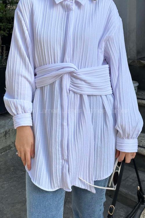 Lamelif Belden Bağlamalı Tunik Gömlek Beyaz