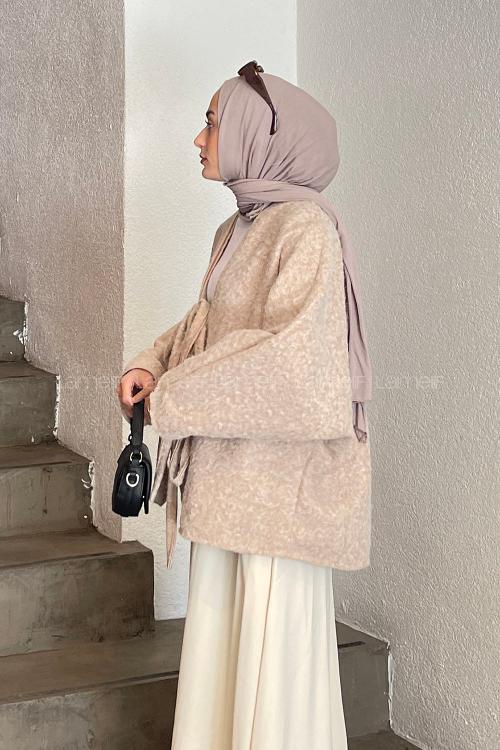 Lamelif Bağlamalı Kaşe Mont Bej