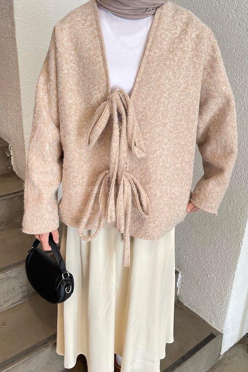 Lamelif Bağlamalı Kaşe Mont Bej