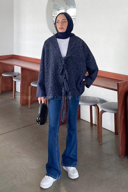 Lamelif Bağlamalı Kaşe Mont Lacivert