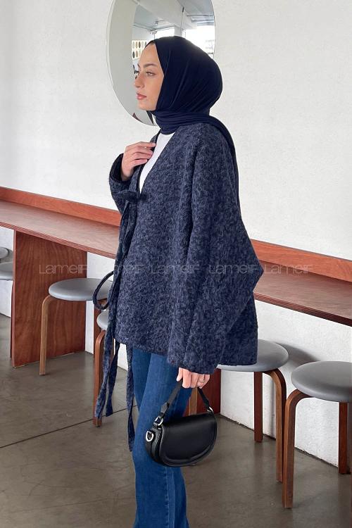Lamelif Bağlamalı Kaşe Mont Lacivert