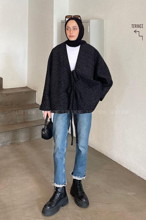 Lamelif Bağlamalı Kaşe Mont Siyah