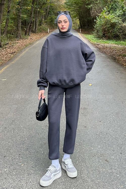 Lamelif Bisiklet Yaka Ribanalı İkili Eşofman Tesettür Takım Füme