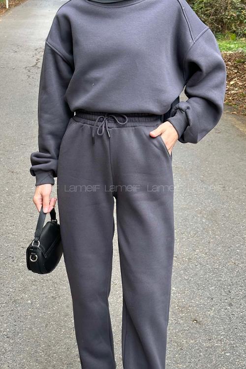 Lamelif Bisiklet Yaka Ribanalı İkili Eşofman Tesettür Takım Füme