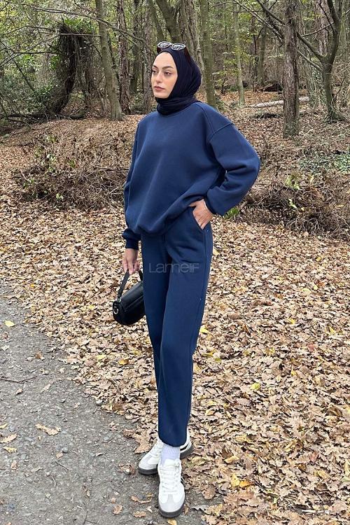 Lamelif Bisiklet Yaka Ribanalı İkili Eşofman Tesettür Takım Lacivert