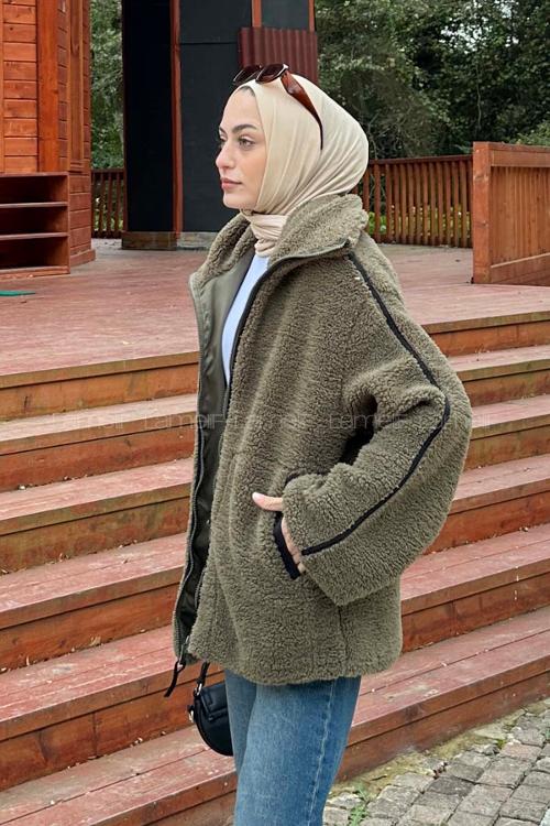 Lamelif Biye Detaylı Tedy Peluş Mont Haki