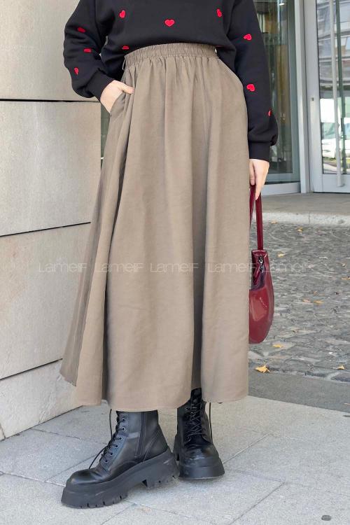 Lamelif Cep Detaylı Keten Kloş Etek Koyu Yeşil