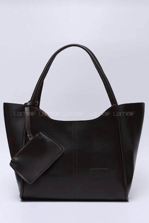 Lamelif Çıtçıtlı Suni Deri Cüzdanlı Kadın El ve Omuz Çantası Acı Kahve