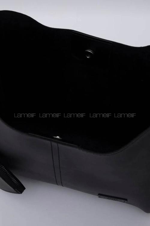 Lamelif Çıtçıtlı Suni Deri Cüzdanlı Kadın El ve Omuz Çantası Siyah