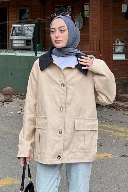 Lamelif Yaka Detaylı Düğmeli Gabardin Ceket Vizon