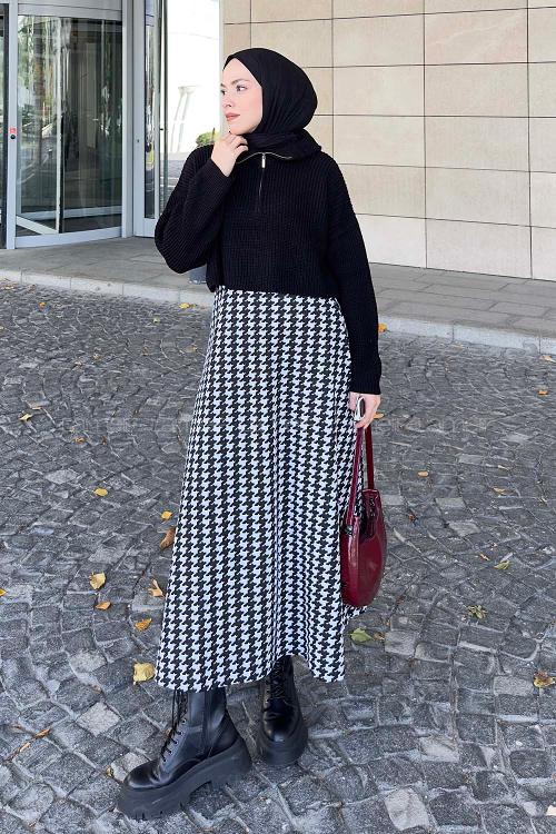 Lamelif Yaka Fermuarlı Crop Triko Kazak Siyah