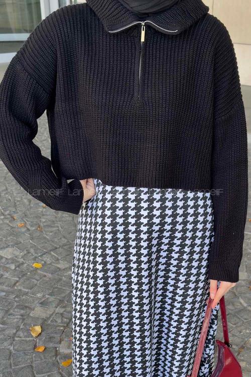 Lamelif Yaka Fermuarlı Crop Triko Kazak Siyah