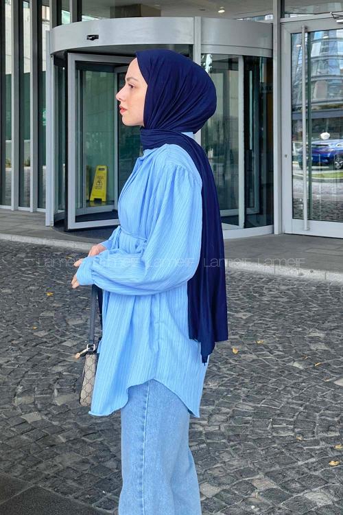 Lamelif Gizli Düğme Kapama Tunik Gömlek Mavi