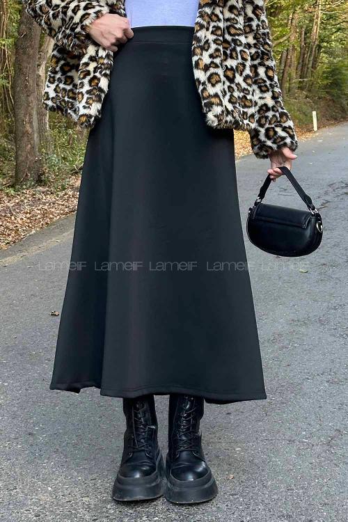 Lamelif Scuba Kumaş Kloş Etek Siyah