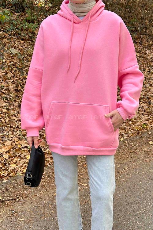 Lamelif Üç İplik Kanguru Cep Sweatshirt Pembe
