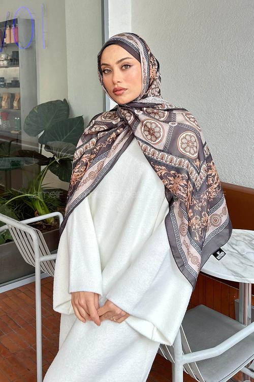 Lamelif Versa Desen Pamuk Şal Antrasit Vizon