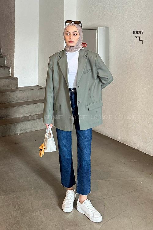 Lamelif Kapak Cep Blazer Ceket Haki