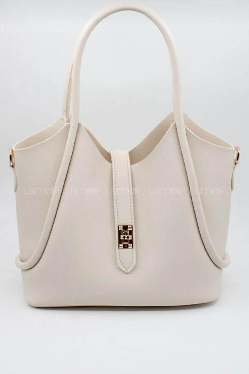 Lamelif Kilit Detaylı Kanguru El Ve Omuz Çantası Yavru Çantalı Kadın Krem
